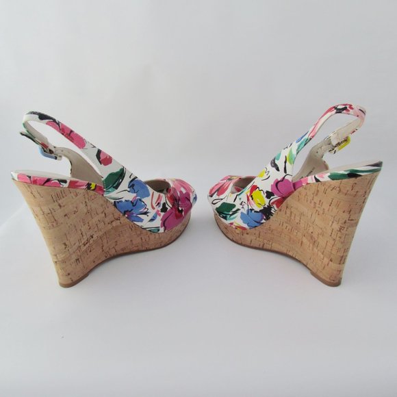 Nine West Leggyr FLORAL WEDGE SANDAL Platform Peep-Toe Cork Slingback 9 M - Picture 3 of 11